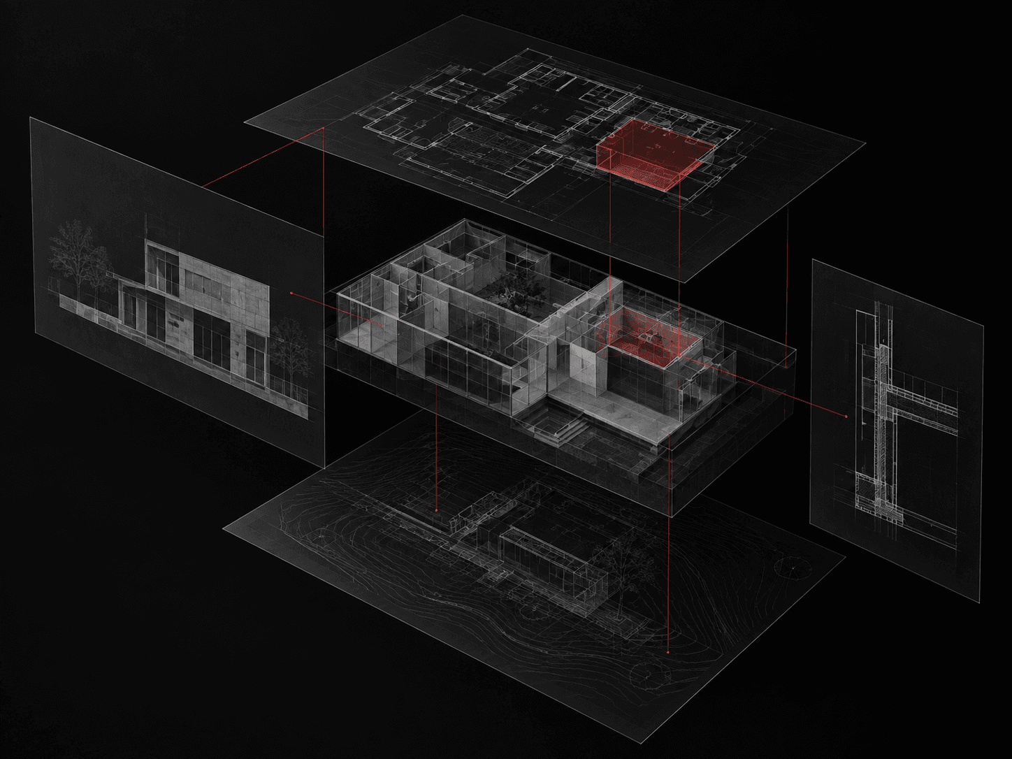Illustrative connected view of a project model, drawings, and review evidence.